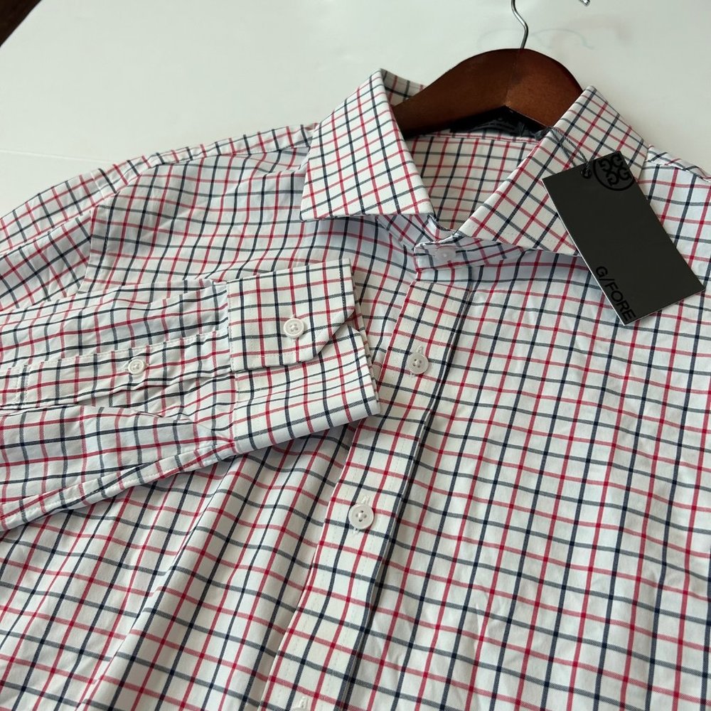 NWT Mens' G/FORE Golf Button Down Red White Plaid Woven Spread Collar Shirt